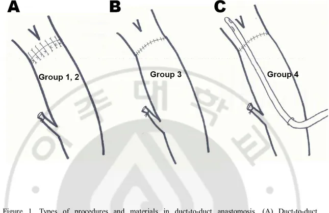 Figure  1.  Types  of  procedures  and  materials  in  duct-to-duct  anastomosis.  (A)  Duct-to-duct  anastomosis  with  6-0  prolene  suture