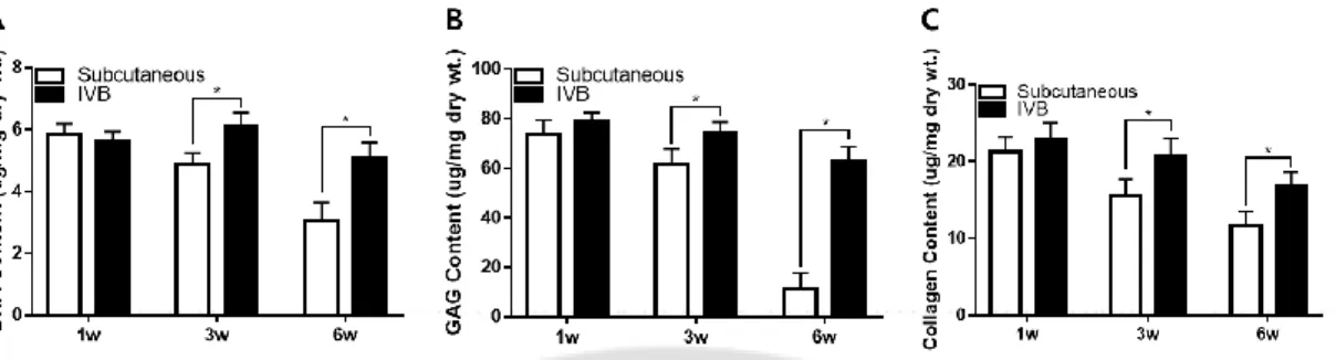 Fig  1.7.  Biochemical  analysis  of  subcutaneous  and  IV  bioreactor  pellets  for  total  content  of  DNA  (A),  GAGs  (B)  and  collagen  (C)