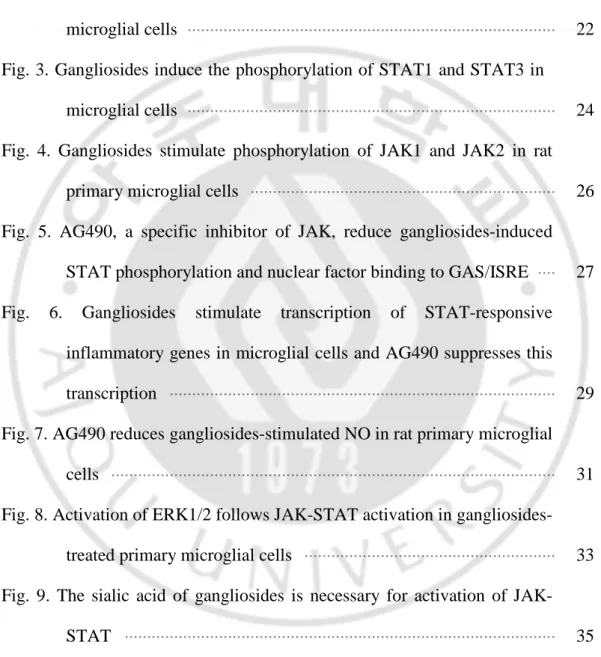 Fig.  1.  Gangliosides  stimulate  iNOS  transcription  and  nuclear  factor  binding to GAS/ISRE elements in microglial cells  ··························     20  Fig