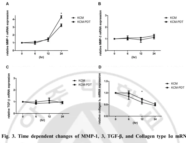 Fig.  3.  Time  dependent  changes  of  MMP-1,  3,  TGF-β,  and  Collagen  type  Iα  mRNA 