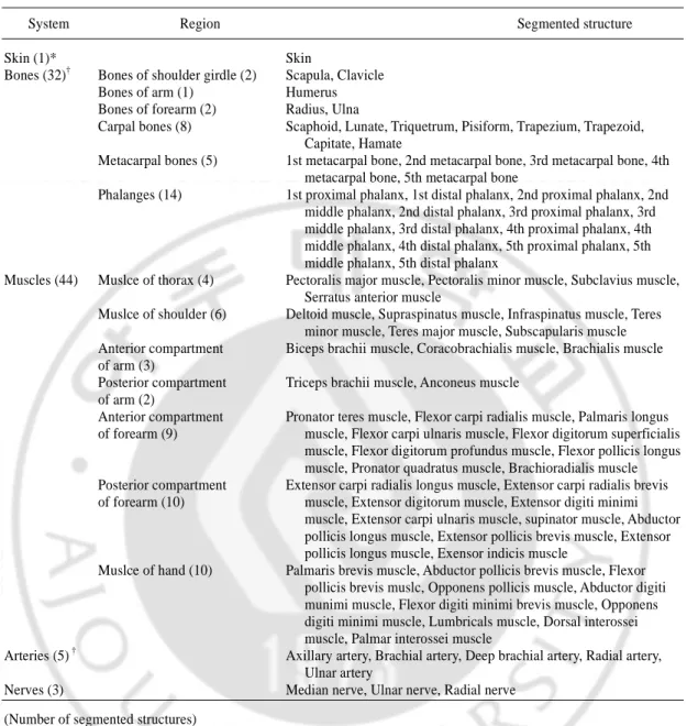 Table  5.  Eighty  five  segmented  structures  in  the  left  upper  limb,  categorized  according  to  systems and regions 