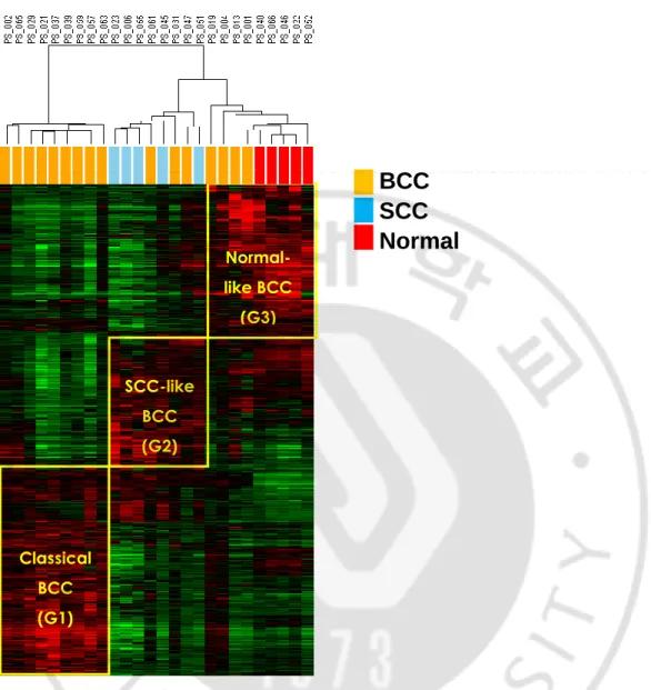 Fig. 2. The gene expression classifiers of the three groups. The three group classifiers are 