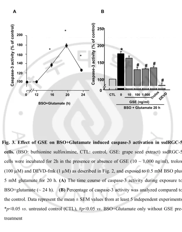 Fig.  3.  Effect  of  GSE  on  BSO+Glutamate  induced  caspase-3  activation  in  ssdRGC-5  cells