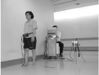 Fig. 1. Surface EMG recording of the 6 muscles in the right lower limb is conducted with synchronization of  video-assisted recording of walking.