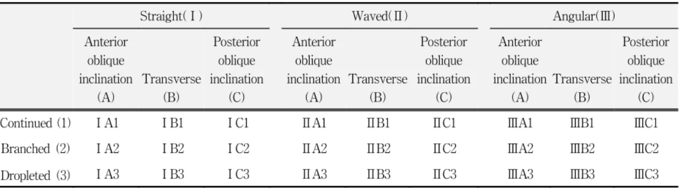 Fig.  3.  Diagram  of  reference  areas  on  teeth  classified  by  Lysell23)  for  the  analysis  of  positional  relationship  between  primary  palatal  rugae  and  approximating  teeth: 