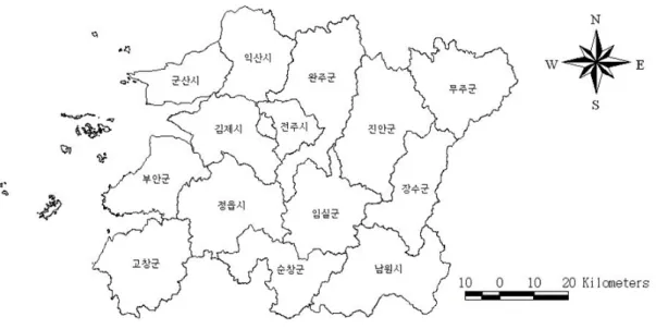 그림 1. 연구지역 행정구역 지도