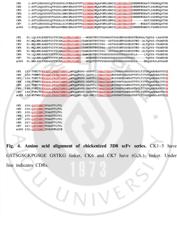 Fig.  4.  Amino  acid  alignment  of  chickenized  3D8  scFv  series.  CK1~5  have 