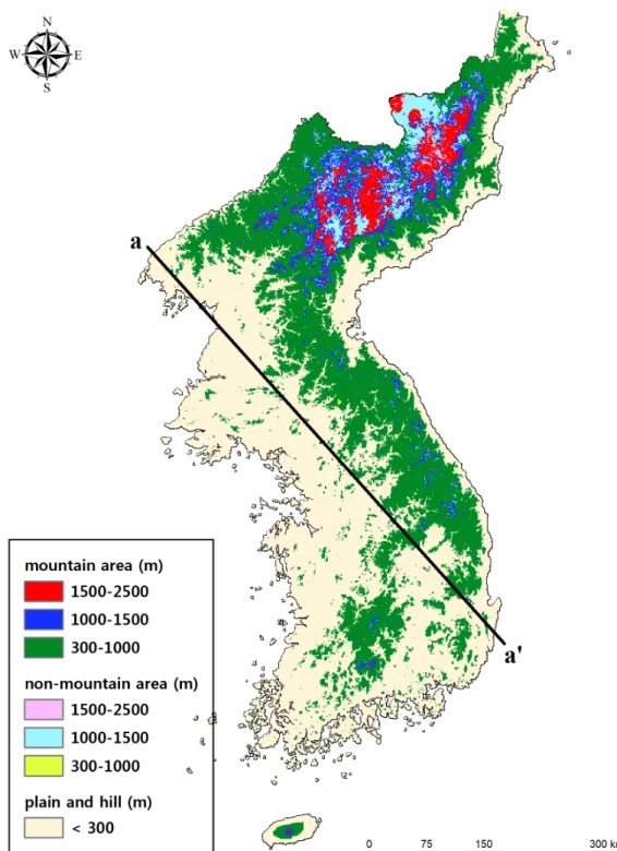 Figure 3. Distribution of geomorphological mountain area. 지형학적 산지의 분포