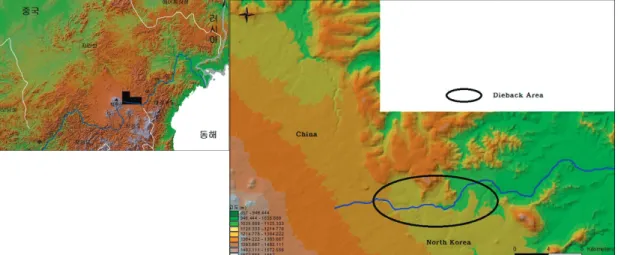 Figure 1. Study area and DEM. 연구지역과 고도분포
