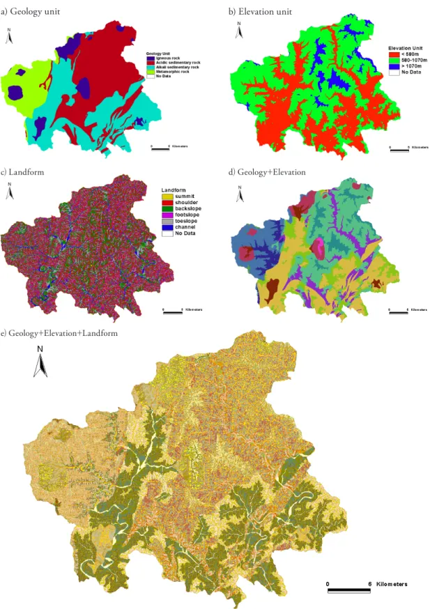 Figure 15. Ecoregion unit and ecoregion classification. 생태단위와 생태지역분류a) Geology unitc) Landforme) Geology+Elevation+Landformd) Geology+Elevationb) Elevation unit
