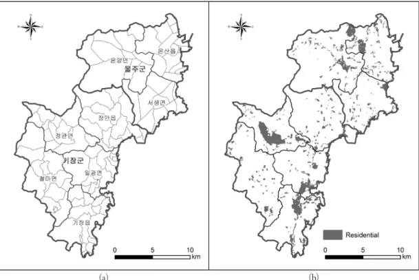 Figure 2. Data for the DAI Technique: (a) Administrative units, (b) Binary land-use map