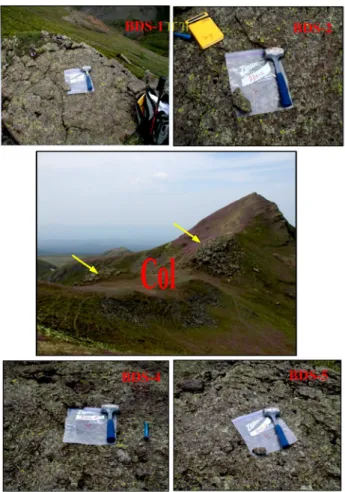 Figure 6. A closer view of sampling locations for in-situ produced cosmogenic  36 Cl surface exposure dating on the  col, which was likely to be under the glacier during some of the last glacial period