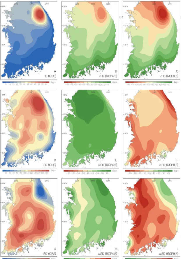 Figure 5. Spatial distribution of changes in extreme indices. (A, D, G, J, M, P) present from observations (1971-2000); (B, E,  H, K, N, Q) changes for 2070-2099 relative to 1971-2000 for the RCP4.5 scenario; (C, F, I, L, O, R) changes for 2070-2099  relat