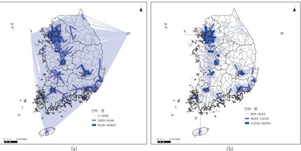 Figure 3. Sample flow maps made by using Web GIS: (a) Inter Si-Gun-Gu gross migration, 2006, (b) Inter Si-Gun-Gu  gross migration, 2006: visualizing the top 5 percent of flows