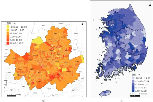 Figure 2. Sample maps visualizing migration variables by region: (a) Net migration rate by Dong in Seoul, 2006, (b)  Demographic effectiveness by Si-Gun-Gu in Korea, 2006