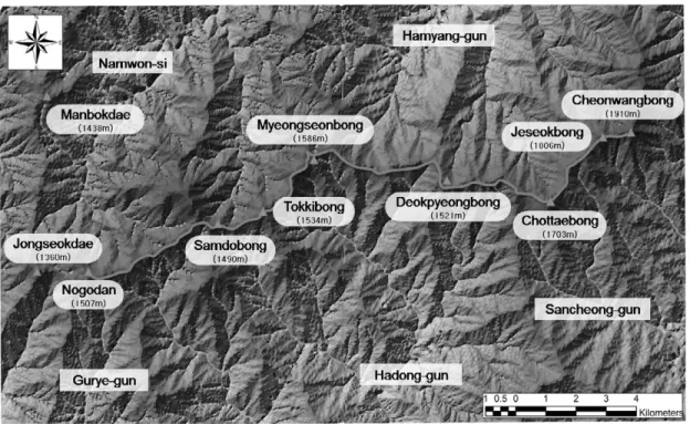 Figure 1. Topography around Mount Jiri. The soild line indicates Ridge traversing trail