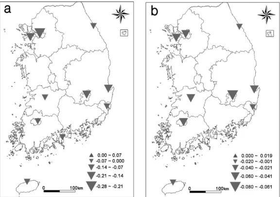 Figure 11. The ratio of the change (days/year) of cold spell duration indicator (CSDI: a) and cold wave duration (TNcw10: b) in South Korea for 1954-2010