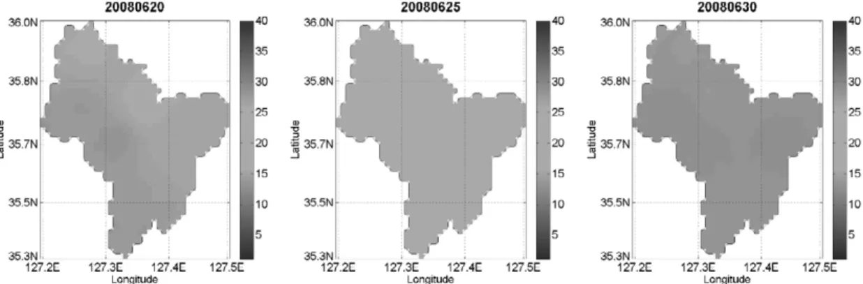 Figure 6. Mapping the spatial distribution sample of July soil moisture in Yongdam dam watershed (5, 10, 15, 20, 25, 30 July)