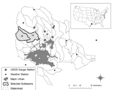 Figure 1. The location of study area, selected subbasins, flow gauge stations, and weather stations