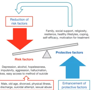 Figure 1.   Interaction of risk and protective factors determining the  vulnerability of an individual to develop suicidal behavior.