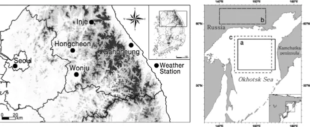 Figure 1. Analysed weather stations (left) and analyzed area of sea level pressure(a), surrounding land air temperature(b) and sea surface temperature(c) of Okhotsk sea (right) in this study