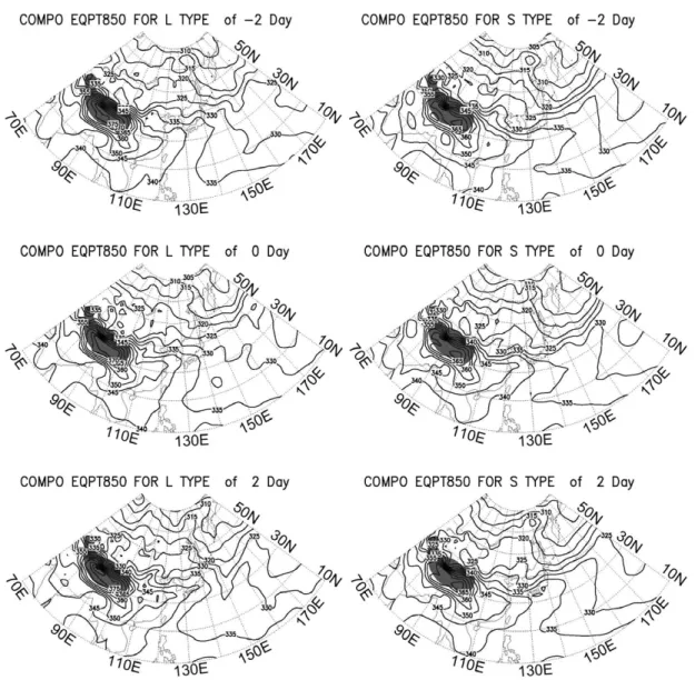 Figure 5. Sequence of the composite maps of the 850hPa equivalent potential temperature (EQPT, K)  for type L and S (Contour interval is 5K)