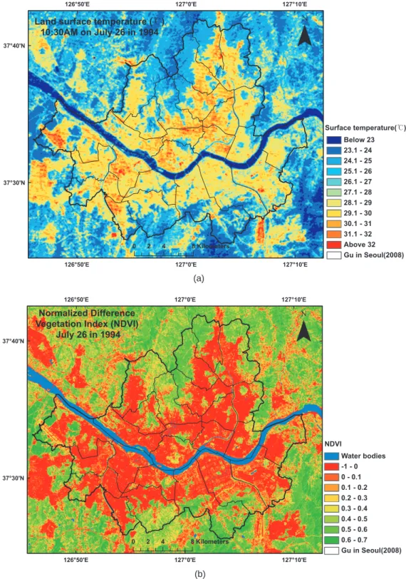 Figure 7. Spatial patterns of land surface temperature (a) and Normalized Difference Vegetation Index (NDVI) (b) in Seoul and in the surroundings that are extracted from Landsat TM imagery taken on July 26 in 1994.