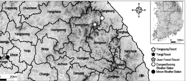 Figure 1. Study area and weather stations. 연구지역과 기상관측지점의 위치.