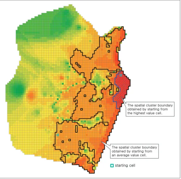 Figure 3. A comparison of different spatial cluster boundaries due to different starting cells
