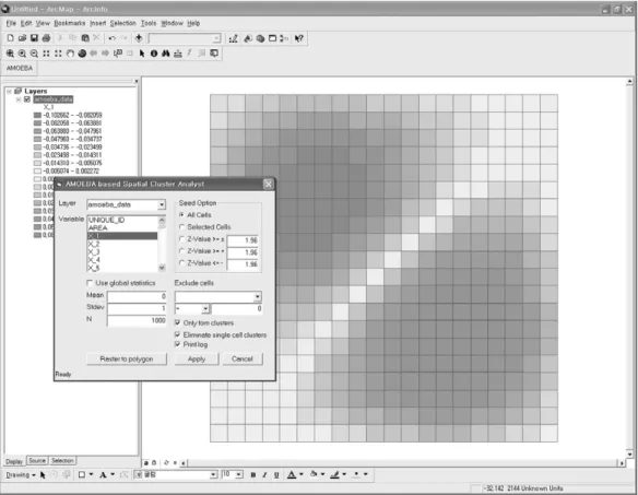 Figure 5. A GIS-based program for delineating spatial cluster. GIS-기반 공간 클러스터 범역 설정 도구의 실행 화면.