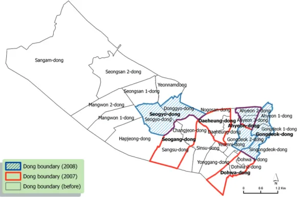 Figure 2. Administrative boundary change by dong merger and abolition process in Mapo-gu.