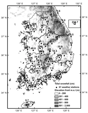 Figure 1. Long-term average (1973/74-2008/09) winter total snowfall (cm) at 61 weather stations in the Republic of Korea