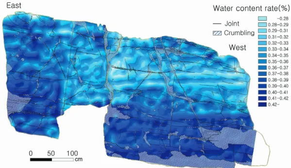 Figure 10. Distribution of joint and water content rate of Bangudae petroglyphs. 반구대 암각화의 절리와 함수율 분포.