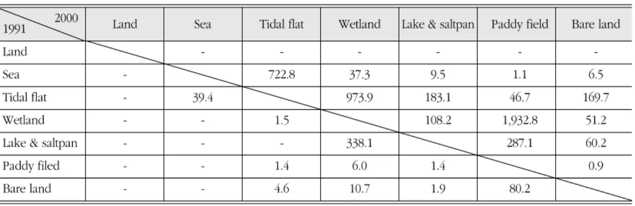 Table 6. Land-cover change detection matrix between 1991 and 2000. 