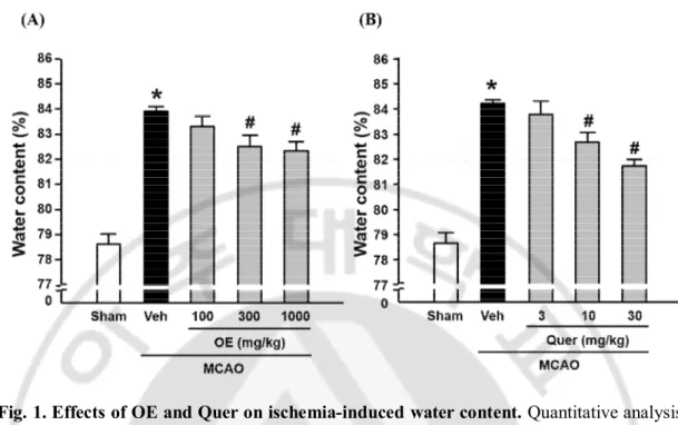 Fig. 1. Effects of OE and Quer on ischemia-induced water content. Quantitative analysis 