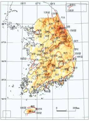 그림 12. 30년 평년값(1971~2000)의 여름 지속기간의 분포 그림 13. 2090년대의 여름 지속기간의 분포