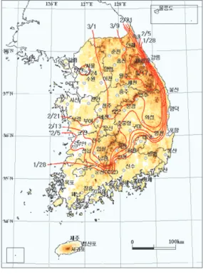 그림 2. 30년 평년값(1971~2000)의 봄 시작일 그림 3. 2090년대의 봄 시작일