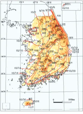 그림 6. 30년 평년값(1971~2000)의 가을 시작일 그림 7. 2090년대의 가을 시작일