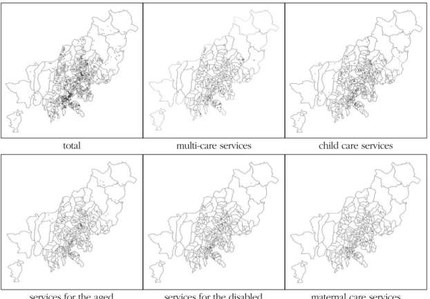 Figure 6. Spatial patterns of social welfare service provisions(1dot=1provider)