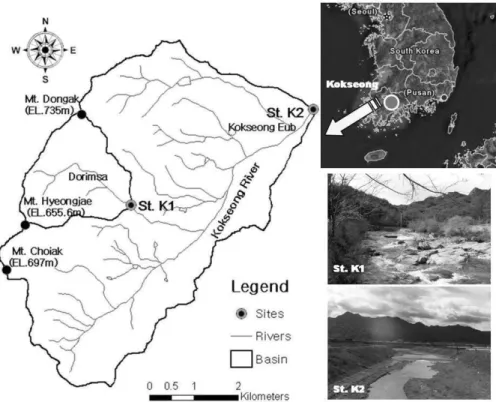 Fig. 1 Location of the study watersheds and drainage system. Shown are the two stream flow measuring and sampling stations, St