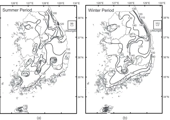 Figure 5. Difference of average summer duration (a) and winter duration (b) between urban areas (dark bar) and non-urban areas (light bar) in South Korea, 1973-2004.