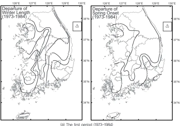 Figure 8. Departures (days) of winter duration and spring onset from long-term average (1973-2004) during the first period (1973-1984) (a), the second period (1985-1994) (b), and the third period (1995-2004) (c).