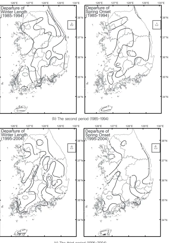 Figure 8. Departures (days) of winter duration and spring onset from long-term average (1973-2004) during the first period (1973-1984) (a), the second period (1985-1994) (b), and the third period (1995-2004) (c).
