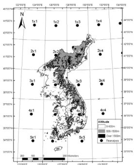Figure 1. The topography of the Korean Peninsula superimposed by the altitude information extracted from the Digital Elevation Model in the GIS domain and  by  grid  cells  for  the  NCEP/NCAR  reanalysis data.