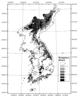 Figure 2. Long-term (1979-2005) average of annual frequency  of  the  Haines  Index  equal  to  five (moderate potential for large wildland fire growth)
