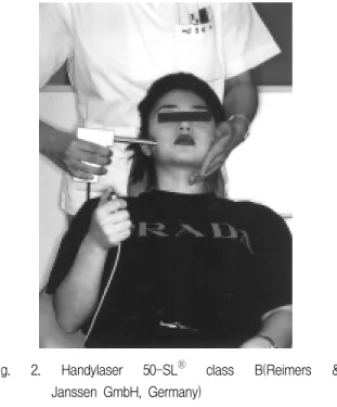 Fig.  3.  The  electronic  algometer  was  held  perpendi- perpendi-cularly  to  the  superficial  masseter