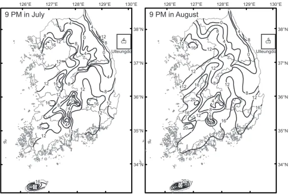 Figure  4.  Long-term(1973-2004)  averaged  frequency(days)  of  monthly  Tropical  Night  phenomena  in  the evening(9PM) in July(a) and August(b) across South Korea.