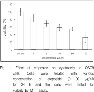 Fig.  1. Effect  of  etoposide  on  cytotoxicity  in  OSC9  cells.  Cells  were  treated  with  various  concentration  of  etoposide  (0∼100  ㎍/㎖)  for  24  h  and  the  cells  were  tested  for  viability  by  MTT  assay