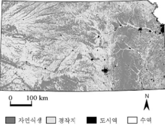 그림 3.  다계절 Landsat TM 자료를 이용하여 unsupervised classification을 통해 1차적 으로 분류한 지표피복지도
