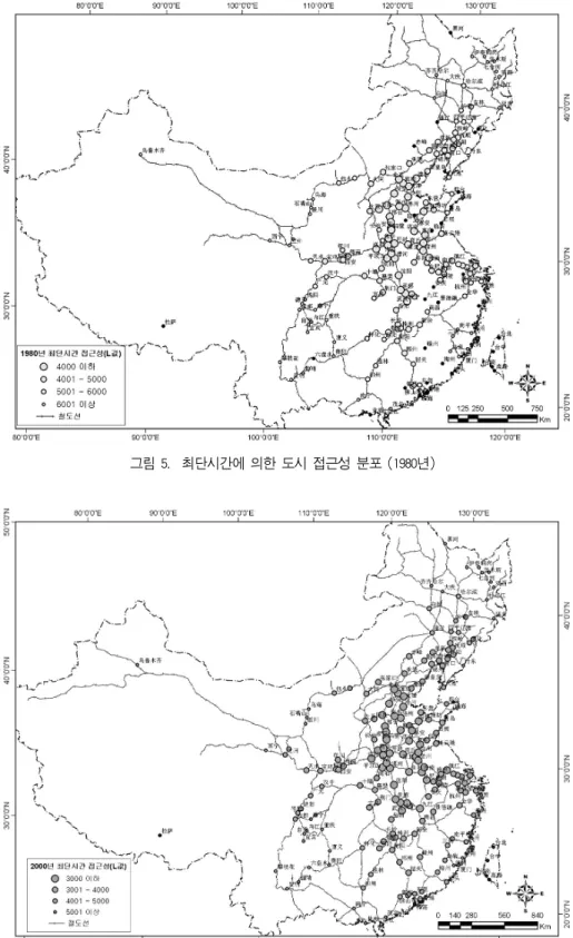 그림 6.  최단시간에 의한 도시 접근성 분포(2000년)
